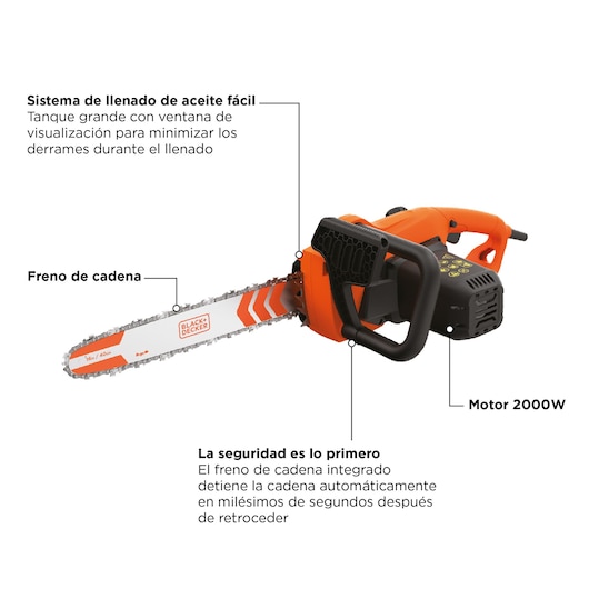 Photo of BLACK+DECKER BECS2040 electric chainsaw, side angle, orange and black design, 16-inch bar, labeled features.