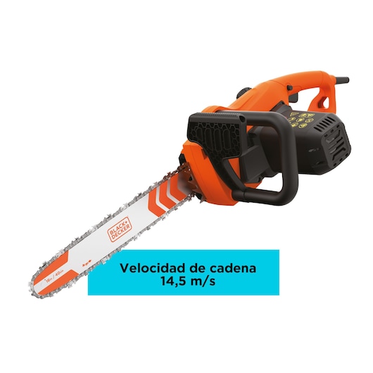 Photo of BLACKDECKER electric chainsaw BECS2040, orange and black, side angle with chain bar, chain speed 14.5 m/s.