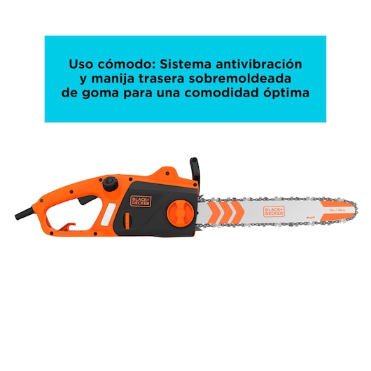 BLACKDECKER BECS2040 electric chainsaw, orange and black, left-side view, graphics category, 16-inch bar.