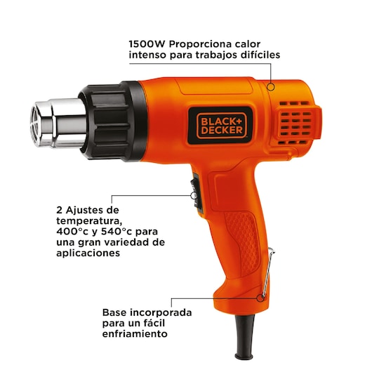 BLACK+DECKER HG1500 heat gun, orange, side view on white, with temperature control and cooling base.