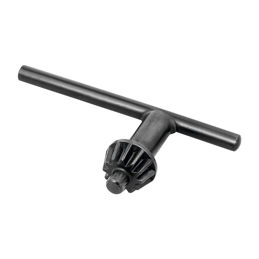 BLACKDECKER drill chuck key 70-018E, black metal tool, side angle on white background.