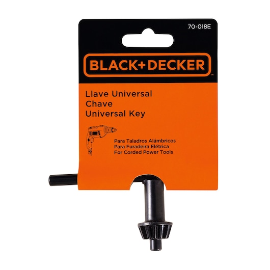 BLACK+DECKER universal key for corded power tools, shown in its packaging. Packaging is orange and black with multilingual text and a drawing of a power drill.