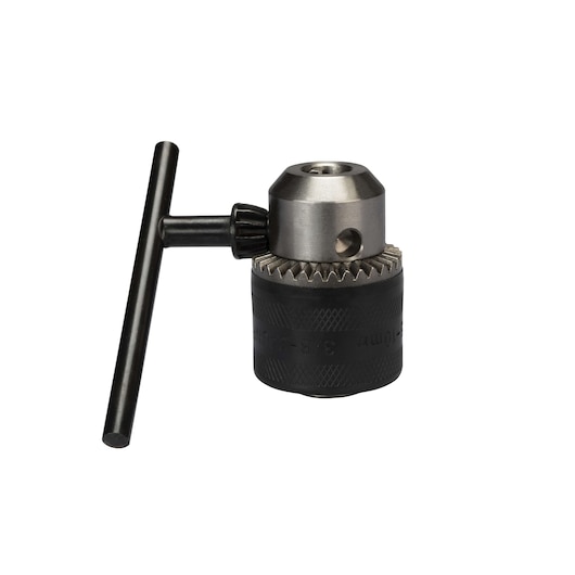 BLACKDECKER 70-022E keyed drill chuck and key, black and silver, side angle, product photography