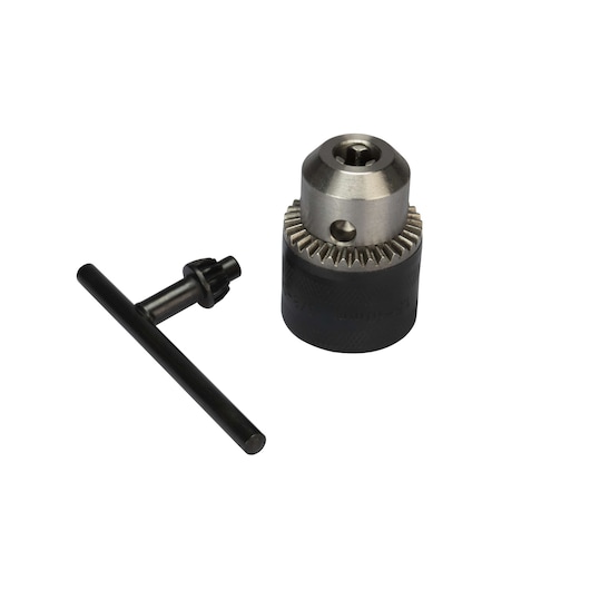 BLACKDECKER drill chuck and key, SKU 70-022E, steel, close-up angle on white background.