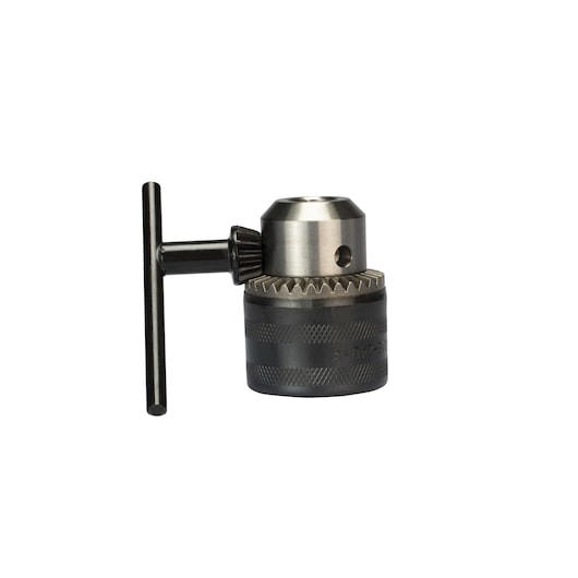 BLACKDECKER 70-022E steel drill chuck with key, side angle, photography on white background