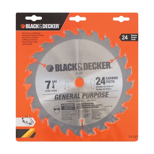 BLACK+DECKER 71-727 general purpose carbide saw blade with 24 teeth, 7 1/4 inch (184 mm) diameter, packaged in orange and black display. Suitable for general cutting tasks.