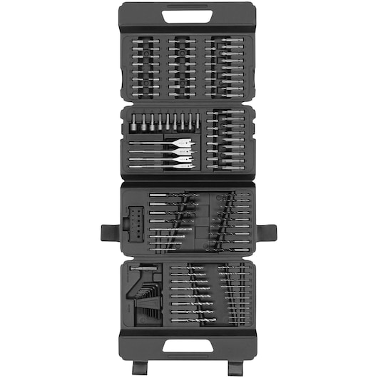 BLACKDECKER 71-91291 drill and bit set in black hard case, opened flat, with assorted bits and accessories, top view