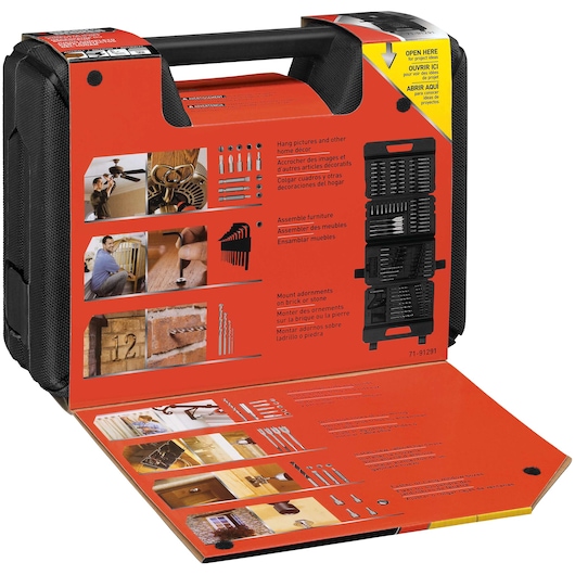 BLACKDECKER tool kit case, SKU 71-91291, open at an angle showing tools and usage instructions on red packaging.