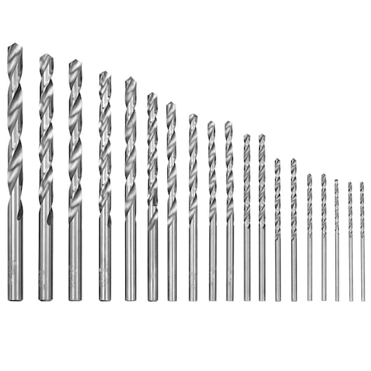 BLACKDECKER drill bit set SKU 71-91291, metal bits in assorted sizes, front angle on white background.