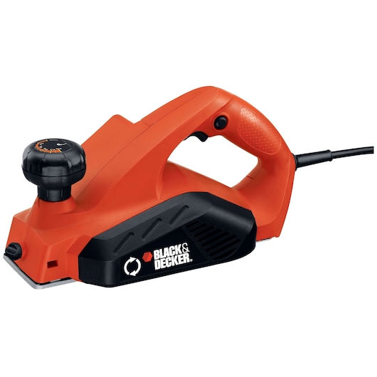 BLACKDECKER 7698K orange and black electric hand planer, side angle on white background.