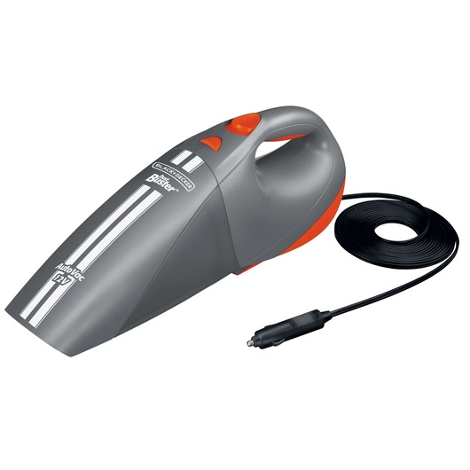 BLACKDECKER AV1500LA compact handheld car vacuum cleaner, gray with orange accents, top angle on white background.