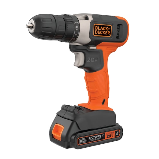 Photo of BLACK+DECKER BCD702C1 cordless drill, 20V lithium battery, orange and black, front right angle.