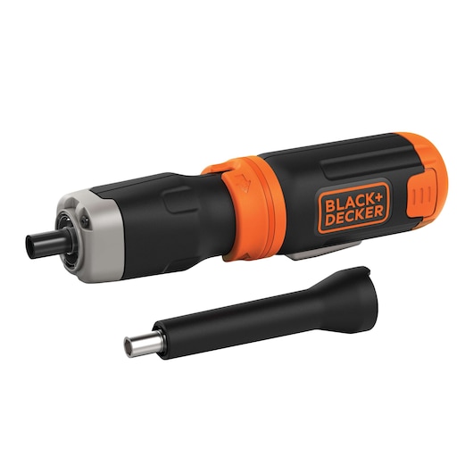 BLACK+DECKER BCF601AA cordless screwdriver with black and orange body and detachable extension, front angle on white background.