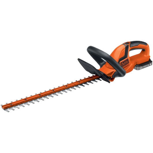 BLACKDECKER BCHT222D1 orange cordless hedge trimmer, side angle, black blade guard, ergonomic handle.