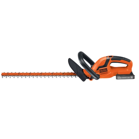 Photo of BLACK+DECKER BCHT222D1 cordless orange hedge trimmer, side angle, with visible battery and dual-action blade.