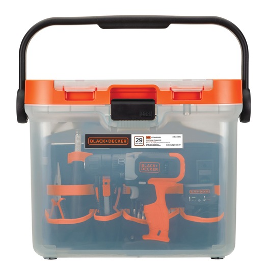 Photo of BLACK+DECKER BCKSB29C04 tool kit in a transparent plastic case with orange and black handle, front view.