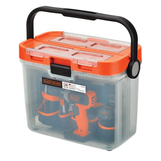 BLACK+DECKER BCKSB29C04 tool kit in clear plastic storage box with orange lid and black handle, front angle.