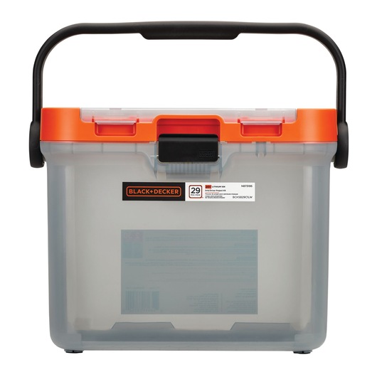 Photo of BLACKDECKER BCKSB29C04 transparent plastic storage box with orange lid and black handle, front angle.