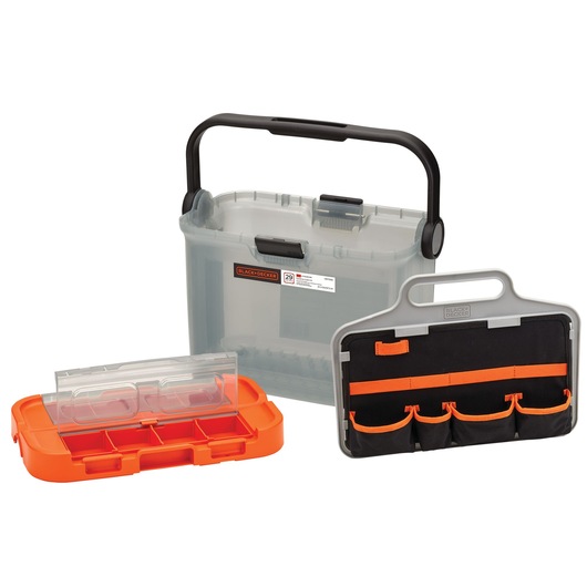 BLACKDECKER BCKSB29C04 tool organizer set with translucent toolbox, orange compartment box, and black pouch, front angle.