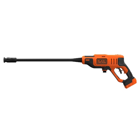 Photo of BLACK+DECKER BCPW350E1 cordless orange and black pressure washer, side view on white background.