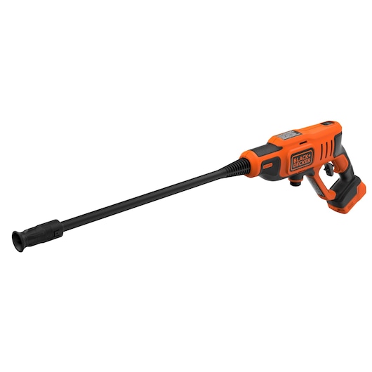BLACKDECKER BCPW350E1 orange and black cordless pressure washer, side angle, white background.