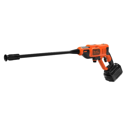 Photo of BLACKDECKER BCPW350E1 cordless orange and black pressure washer, side angle on white background.