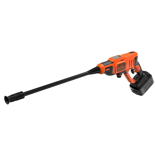 BLACK+DECKER BCPW350E1 cordless pressure washer, orange and black, side angle on white background.