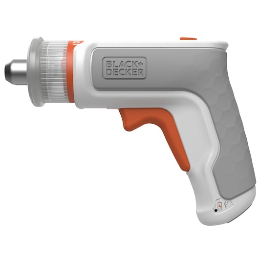 BLACK+DECKER BCRTA01 compact cordless screwdriver in white and grey, side view on white background.