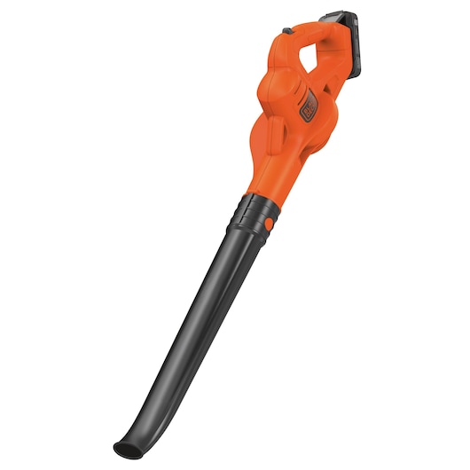 BLACKDECKER BCSW221E1 cordless leaf blower, bright orange and black, side angle, white background.