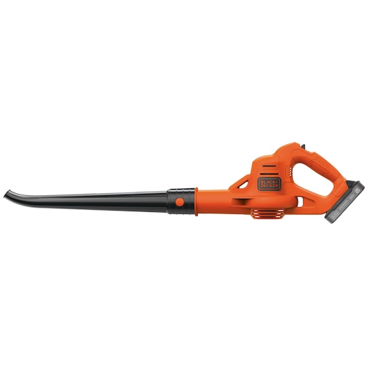 BLACK+DECKER BCSW221E1 cordless leaf blower, orange and black, side view on white background.