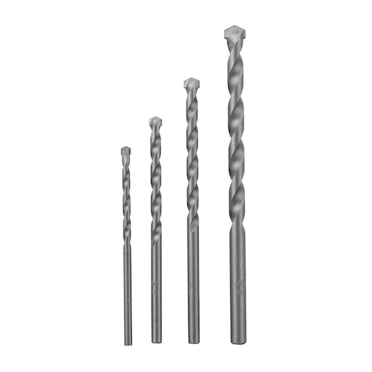 BLACKDECKER BD0040CS set of four silver masonry drill bits, various sizes, front angle on white background.