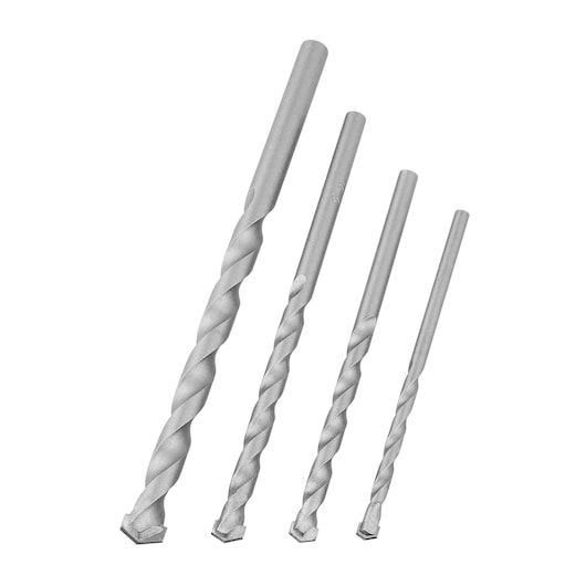 BLACKDECKER BD0040CS masonry drill bit set, four silver bits, side angle on white background.