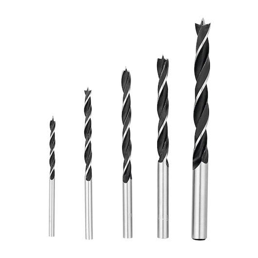 BLACKDECKER BD0050CS wood drill bit set, five sizes, photography, front angle, silver and black finish