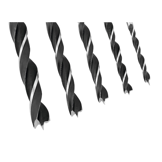 BLACKDECKER BD0050CS set of five black wood drill bits, spiral design, close-up on white background.
