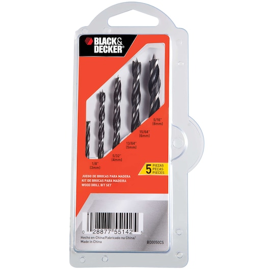 Package of BLACK+DECKER wood drill bit set, containing five pieces of different sizes. The packaging is red and clear plastic, showing the drill bits and indicating their sizes: 1/8 in (3mm), 5/32 in (4mm), 13/64 in (5mm), 15/64 in (6mm), and 5/16 in (8mm). The front label has product information in English, Spanish, and Portuguese.