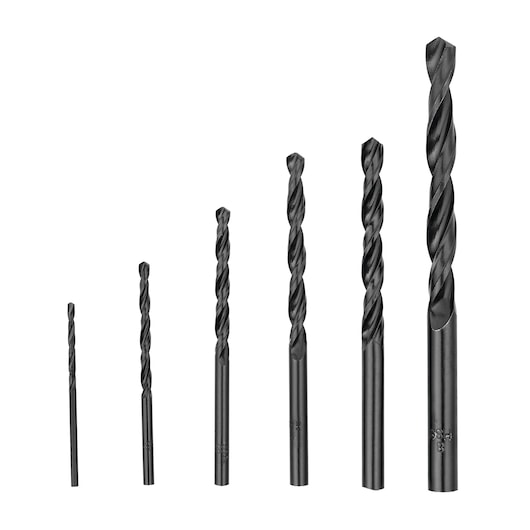 BLACKDECKER BD0060CS set of six black metal drill bits, front angle on white background.