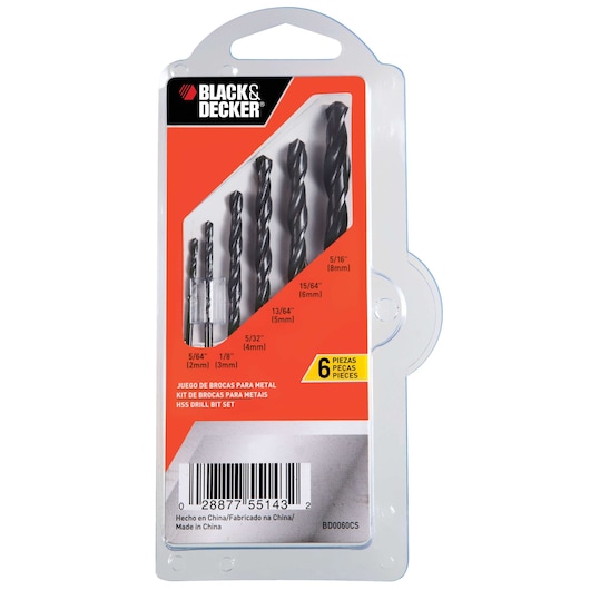 BLACK+DECKER HSS drill bit set for metal, packaged in a plastic casing. The set includes six drill bits of various sizes, as indicated on the front of the package: 5/64 inch (2mm), 1/8 inch (3mm), 5/32 inch (4mm), 13/64 inch (5mm), 15/64 inch (6mm), and 5/16 inch (8mm). The packaging features an orange and black label with product details and a barcode.