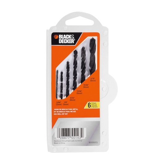 BLACK+DECKER metal drill bit set in a transparent plastic package with orange label. The package contains six drill bits of different sizes, displayed vertically, and includes size markings and product information.