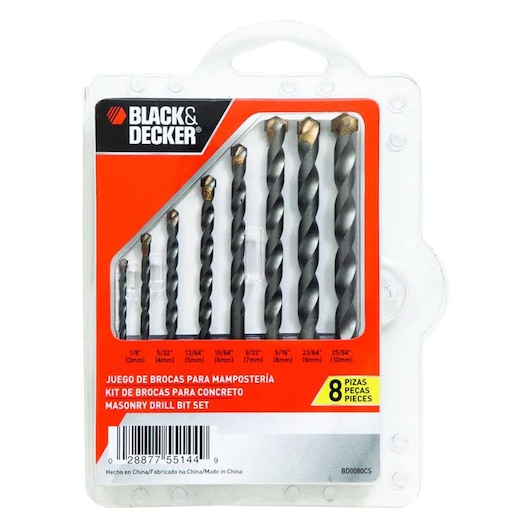 A package of BLACK+DECKER masonry drill bits set, containing 8 different sizes of drill bits for concrete, displayed in a transparent plastic case with red and black labeling.