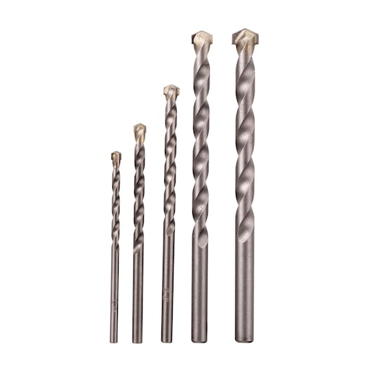 BLACKDECKER BD0090CS masonry drill bit set, five silver bits, front angle on white background.