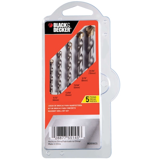 BLACK+DECKER BD0090CS masonry drill bit set, 5 pieces in clear packaging, front angle.