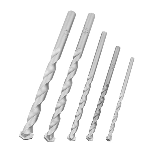 BLACKDECKER BD0090CS masonry drill bit set, silver, five pieces, front angle photo on white background