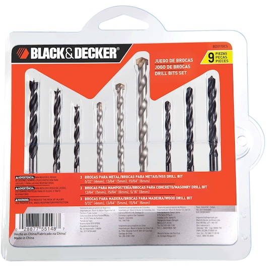 BLACK+DECKER drill bits set in retail packaging containing 9 pieces. The package includes bits for metal, masonry, and wood, with the sizes clearly indicated. The front of the package displays the BLACK+DECKER logo and information in English, Spanish, and Portuguese.