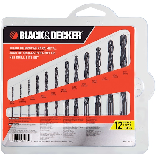 BLACK+DECKER HSS drill bits set for metal, containing 12 pieces in various sizes, packaged in a transparent plastic case with red and black branding and size labels in English, Spanish, and Portuguese.