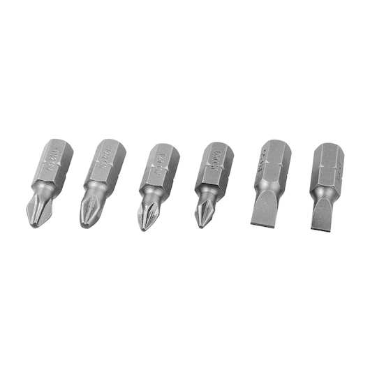 BLACKDECKER BD0130CS screwdriver bit set, silver, six pieces, front angle, on white background