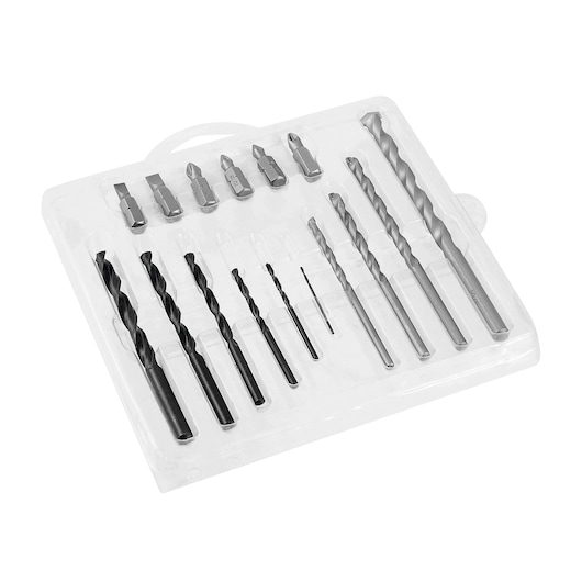 BLACKDECKER BD0130CS drill and screwdriver bit set in clear plastic case, photographed at an angle on white background.
