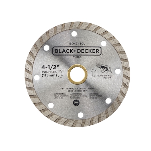 Photo of BLACK+DECKER BD47450L circular saw blade, 4-1/2 inch, silver with segmented edge, front angle, on white background.