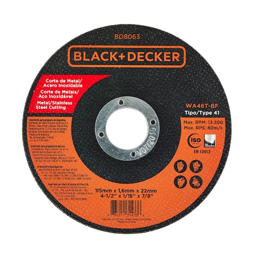 BLACK+DECKER BD8063 steel cutting disc, 115mm, orange and black, front angle on white background.