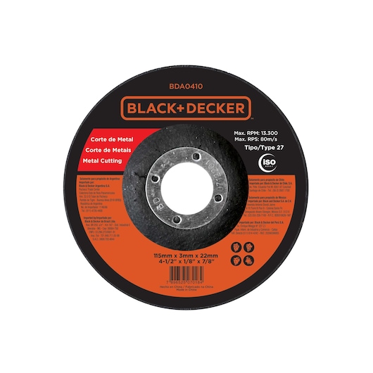 BLACKDECKER BDA0410 metal cutting wheel, black and orange, round shape, flat angle, product details and logo on label.