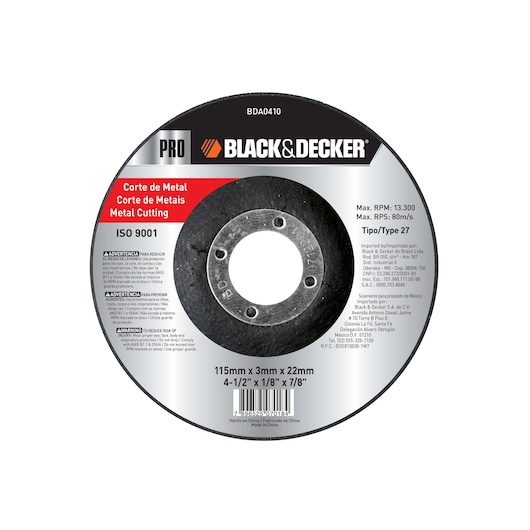 Photo of BLACK+DECKER BDA0410 metal cutting disc, round with central hole, black and silver label, white background.